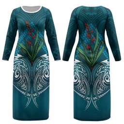 Rongoa Maori New Zealand Harakeke Couples Matching Long Sleeve Bodycon Dress and Long Sleeve Button Shirt NZ Weaving Pattern Dark Teal