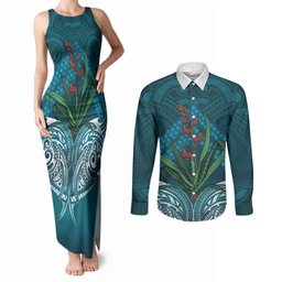 Rongoa Maori New Zealand Harakeke Couples Matching Tank Maxi Dress and Long Sleeve Button Shirt NZ Weaving Pattern Dark Teal