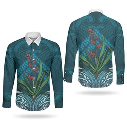 Rongoa Maori New Zealand Harakeke Couples Matching Mermaid Dress and Long Sleeve Button Shirt NZ Weaving Pattern Dark Teal