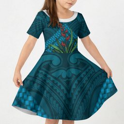 Rongoa Maori New Zealand Harakeke Kid Short Sleeve Dress NZ Weaving Pattern Dark Teal