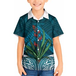 Rongoa Maori New Zealand Harakeke Kid Hawaiian Shirt NZ Weaving Pattern Dark Teal