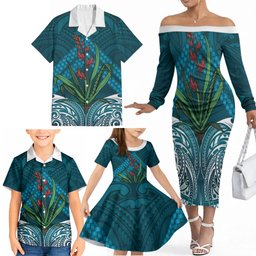 Rongoa Maori New Zealand Harakeke Family Matching Off The Shoulder Long Sleeve Dress and Hawaiian Shirt NZ Weaving Pattern Dark Teal