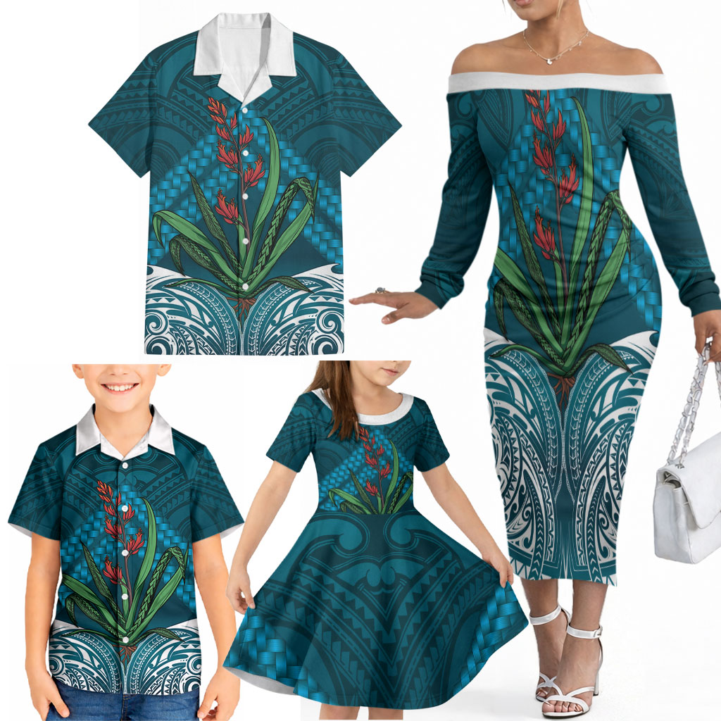 Rongoa Maori New Zealand Harakeke Family Matching Off The Shoulder Long Sleeve Dress and Hawaiian Shirt NZ Weaving Pattern Dark Teal