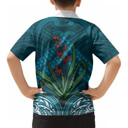 Rongoa Maori New Zealand Harakeke Kid Hawaiian Shirt NZ Weaving Pattern Dark Teal