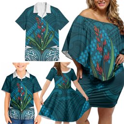 Rongoa Maori New Zealand Harakeke Family Matching Off Shoulder Short Dress and Hawaiian Shirt NZ Weaving Pattern Dark Teal