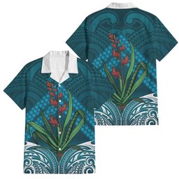 Rongoa Maori New Zealand Harakeke Family Matching Off The Shoulder Long Sleeve Dress and Hawaiian Shirt NZ Weaving Pattern Dark Teal