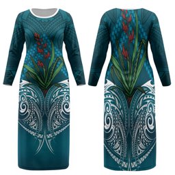 Rongoa Maori New Zealand Harakeke Family Matching Long Sleeve Bodycon Dress and Hawaiian Shirt NZ Weaving Pattern Dark Teal