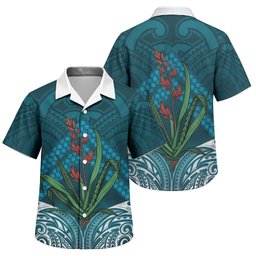 Rongoa Maori New Zealand Harakeke Family Matching Off The Shoulder Long Sleeve Dress and Hawaiian Shirt NZ Weaving Pattern Dark Teal