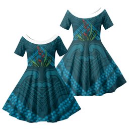 Rongoa Maori New Zealand Harakeke Family Matching Off Shoulder Short Dress and Hawaiian Shirt NZ Weaving Pattern Dark Teal