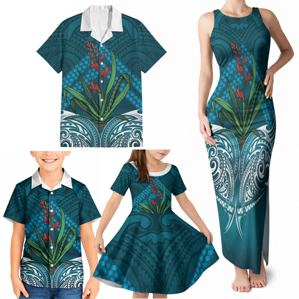 Rongoa Maori New Zealand Harakeke Family Matching Tank Maxi Dress and Hawaiian Shirt NZ Weaving Pattern Dark Teal