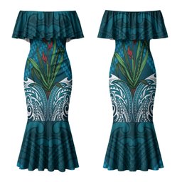 Rongoa Maori New Zealand Harakeke Family Matching Mermaid Dress and Hawaiian Shirt NZ Weaving Pattern Dark Teal