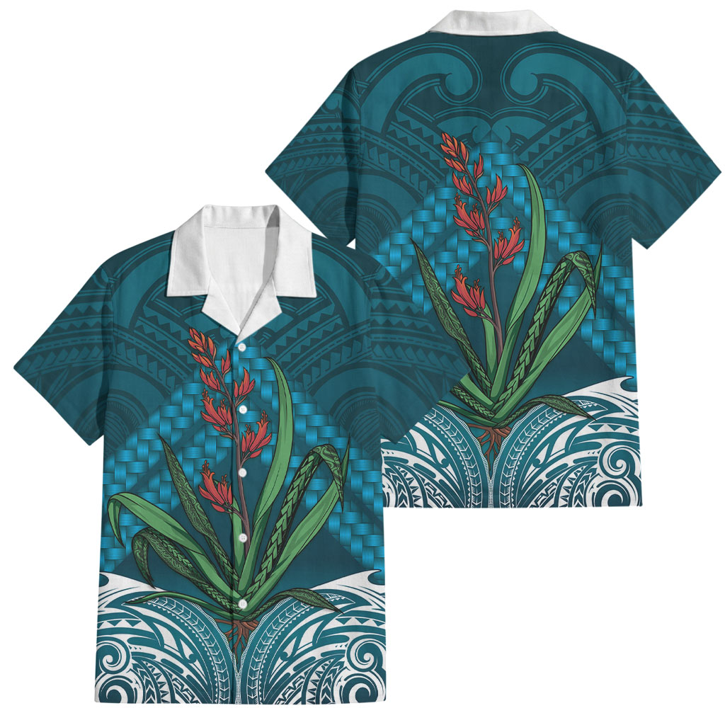 Rongoa Maori New Zealand Harakeke Family Matching Tank Maxi Dress and Hawaiian Shirt NZ Weaving Pattern Dark Teal