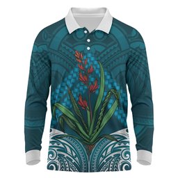 Rongoa Maori New Zealand Harakeke Long Sleeve Polo Shirt NZ Weaving Pattern Dark Teal