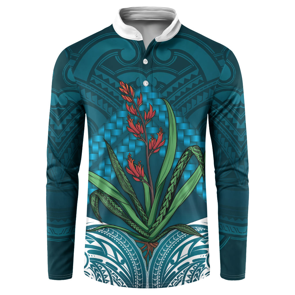 Rongoa Maori New Zealand Harakeke Button Sweatshirt NZ Weaving Pattern Dark Teal