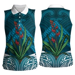 Rongoa Maori New Zealand Harakeke Women Sleeveless Polo Shirt NZ Weaving Pattern Dark Teal