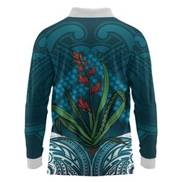 Rongoa Maori New Zealand Harakeke Long Sleeve Polo Shirt NZ Weaving Pattern Dark Teal