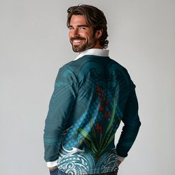 Rongoa Maori New Zealand Harakeke Long Sleeve Polo Shirt NZ Weaving Pattern Dark Teal