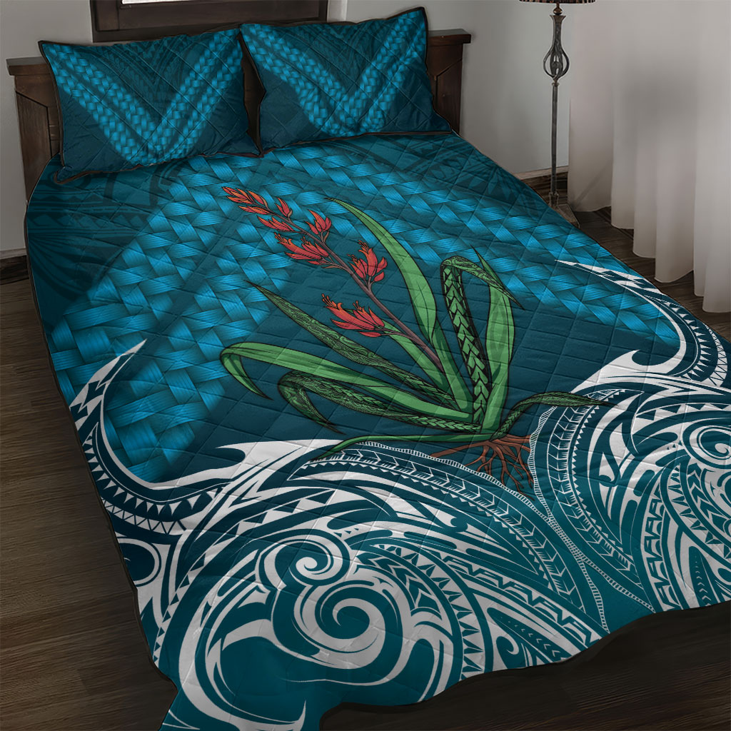 Rongoa Maori New Zealand Harakeke Quilt Bed Set NZ Weaving Pattern Dark Teal