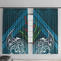 Rongoa Maori New Zealand Harakeke Window Curtain NZ Weaving Pattern Dark Teal