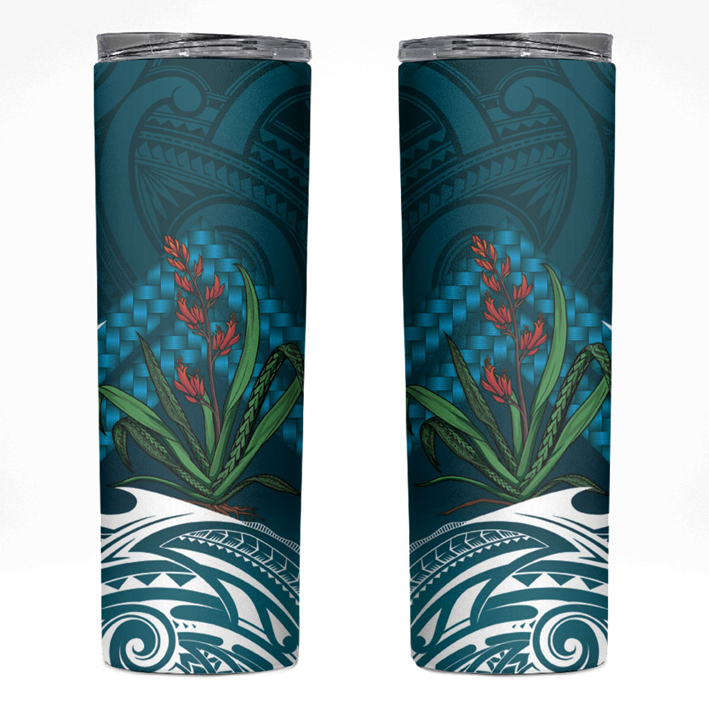 Rongoa Maori New Zealand Harakeke Skinny Tumbler NZ Weaving Pattern Dark Teal