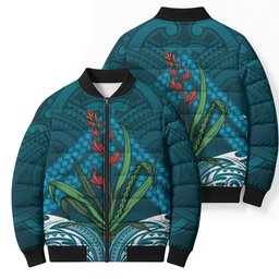 Rongoa Maori New Zealand Harakeke Bomber Puffer Jacket NZ Weaving Pattern Dark Teal