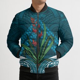 Rongoa Maori New Zealand Harakeke Bomber Puffer Jacket NZ Weaving Pattern Dark Teal