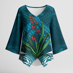 Rongoa Maori New Zealand Harakeke Kimono Sleeve Blouse NZ Weaving Pattern Dark Teal