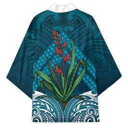 Rongoa Maori New Zealand Harakeke Kimono NZ Weaving Pattern Dark Teal