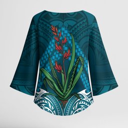 Rongoa Maori New Zealand Harakeke Kimono Sleeve Blouse NZ Weaving Pattern Dark Teal