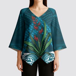 Rongoa Maori New Zealand Harakeke Kimono Sleeve Blouse NZ Weaving Pattern Dark Teal