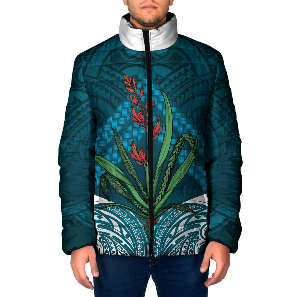 Rongoa Maori New Zealand Harakeke Padded Jacket NZ Weaving Pattern Dark Teal