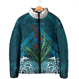 Rongoa Maori New Zealand Harakeke Padded Jacket NZ Weaving Pattern Dark Teal