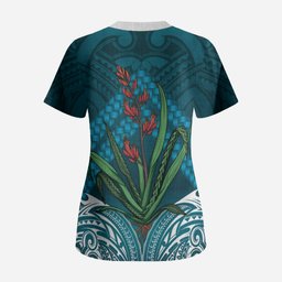 Rongoa Maori New Zealand Harakeke Scrub Top NZ Weaving Pattern Dark Teal
