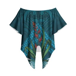 Rongoa Maori New Zealand Harakeke Off Shoulder Wrap Waist Top NZ Weaving Pattern Dark Teal
