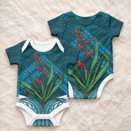 Rongoa Maori New Zealand Harakeke Baby Onesie NZ Weaving Pattern Dark Teal