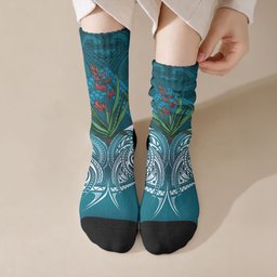 Rongoa Maori New Zealand Harakeke Crew Socks NZ Weaving Pattern Dark Teal