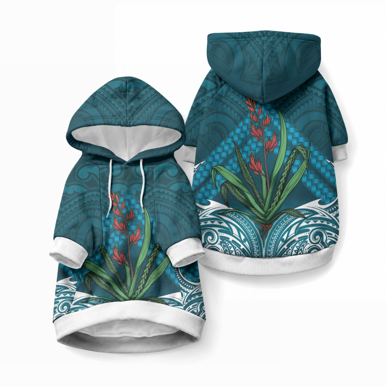 Rongoa Maori New Zealand Harakeke Pet Hoodie NZ Weaving Pattern Dark Teal