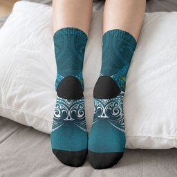 Rongoa Maori New Zealand Harakeke Crew Socks NZ Weaving Pattern Dark Teal