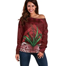 Rongoa Maori New Zealand Harakeke Off Shoulder Sweater NZ Weaving Pattern Red