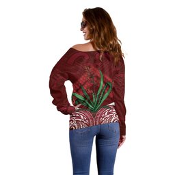 Rongoa Maori New Zealand Harakeke Off Shoulder Sweater NZ Weaving Pattern Red