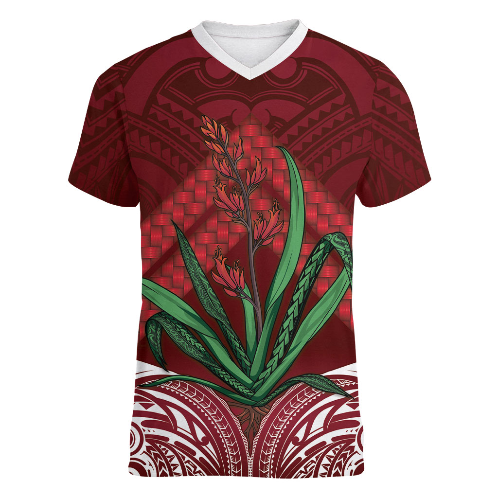 Rongoa Maori New Zealand Harakeke Women V-Neck T-Shirt NZ Weaving Pattern Red
