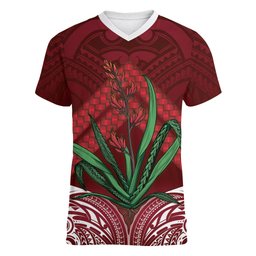 Rongoa Maori New Zealand Harakeke Women V-Neck T-Shirt NZ Weaving Pattern Red