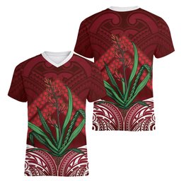 Rongoa Maori New Zealand Harakeke Women V-Neck T-Shirt NZ Weaving Pattern Red