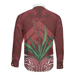 Rongoa Maori New Zealand Harakeke Long Sleeve Button Shirt NZ Weaving Pattern Red