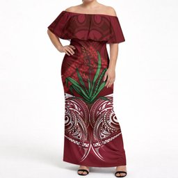 Rongoa Maori New Zealand Harakeke Off Shoulder Maxi Dress NZ Weaving Pattern Red