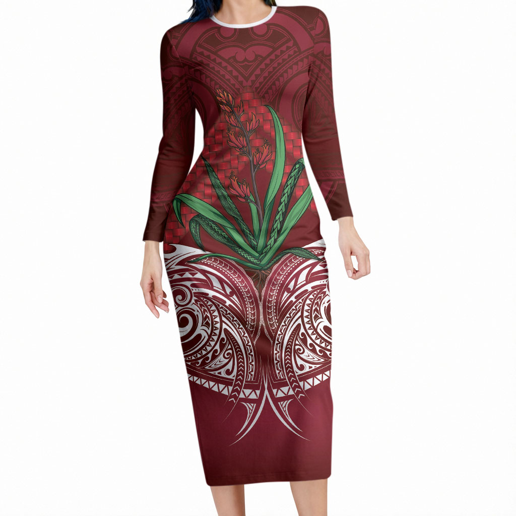 Rongoa Maori New Zealand Harakeke Long Sleeve Bodycon Dress NZ Weaving Pattern Red