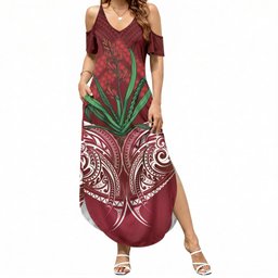 Rongoa Maori New Zealand Harakeke Summer Maxi Dress NZ Weaving Pattern Red