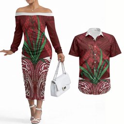 Rongoa Maori New Zealand Harakeke Couples Matching Off The Shoulder Long Sleeve Dress and Hawaiian Shirt NZ Weaving Pattern Red
