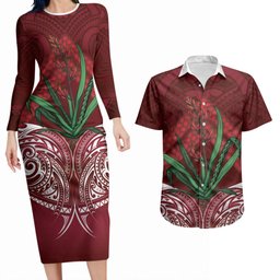 Rongoa Maori New Zealand Harakeke Couples Matching Long Sleeve Bodycon Dress and Hawaiian Shirt NZ Weaving Pattern Red