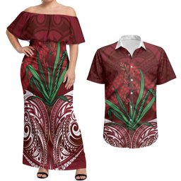 Rongoa Maori New Zealand Harakeke Couples Matching Off Shoulder Maxi Dress and Hawaiian Shirt NZ Weaving Pattern Red